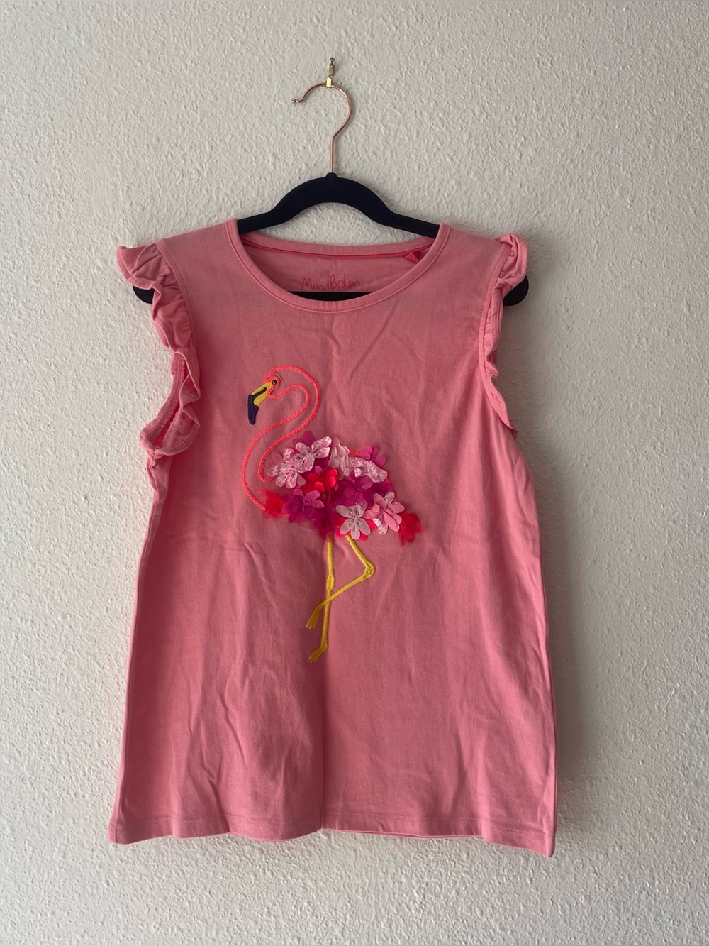 Mini Boden Flamingo Floral Applique Ruffle Sleeve Pink Top Girls 11-12 Preppy